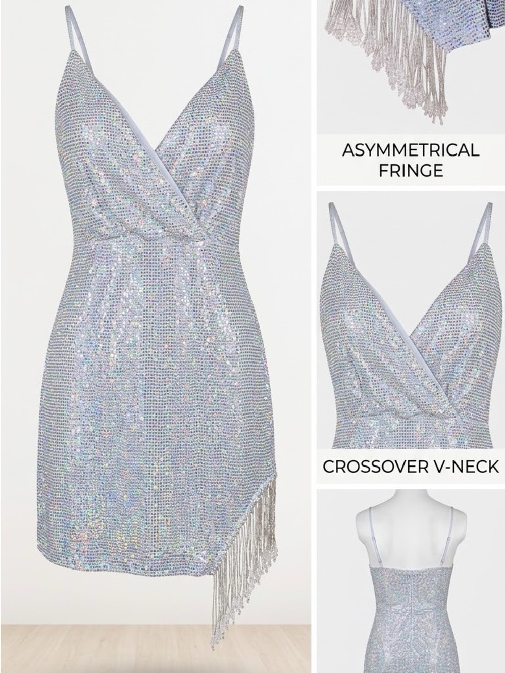 Speechless Iridescent Silver Sequin Asymmetrical Fringe Dress